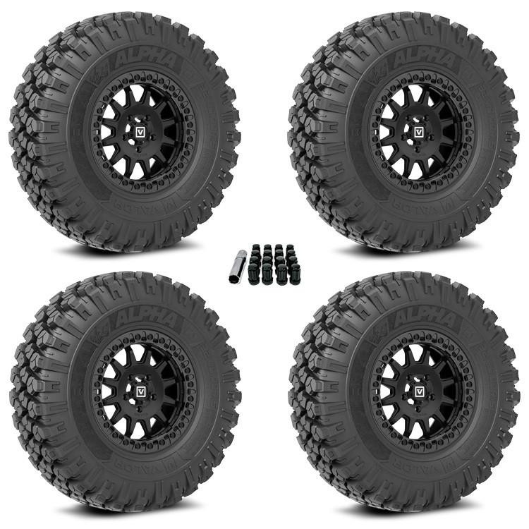Valor Offroad Wheel and Tire Package with V09 Wheels and Alpha Tires (Complete Set of 4) Mounted with Lug Nuts
